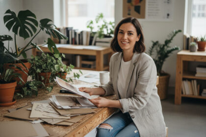 Femme en bureau écologique avec brochure durable