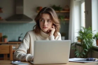 Jeune femme pensant devant son ordinateur dans la cuisine