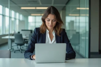 Femme professionnelle concentrée au bureau moderne