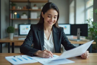 Femme professionnelle en bureau avec documents et ordinateur