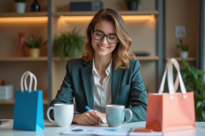 Jeune femme professionnelle examinant des produits promotionnels
