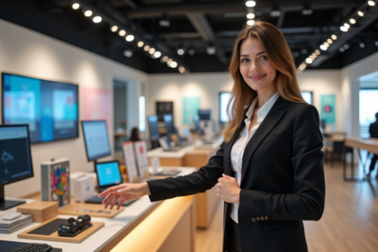 Femme d affaires souriante devant un stand de vente moderne