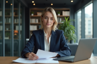 Femme en blazer navy travaillant sur ordinateur dans un bureau
