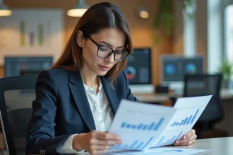 Femme en costume examinant deux rapports dans un bureau lumineux