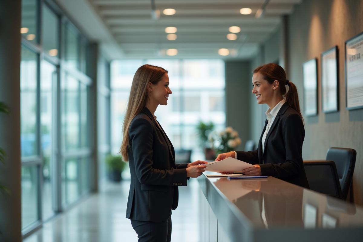 Jeune femme remettant un dossier à la réception d