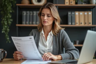 Femme examinant un relevé bancaire avec un prélèvement inconnu de l'imprimerie nationale