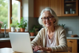 Femme retraitée souriante utilisant un ordinateur à la maison