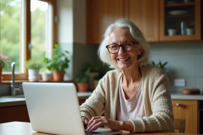 Femme retraitée souriante utilisant un ordinateur à la maison