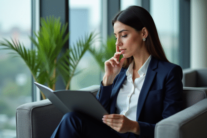 Femme en blazer navy dans un bureau moderne