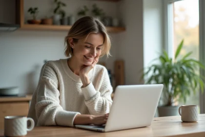 Femme souriante lisant des avis clients sur un ordinateur dans la cuisine