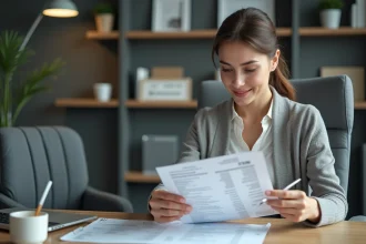 Femme d affaires examinant une fiche de paie au bureau