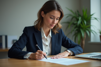 Femme en costume navy signant une lettre dans un bureau moderne