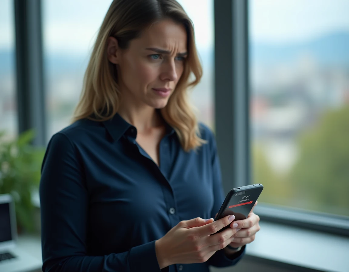 Femme consultant son smartphone avec une erreur d'accès au site Convergence Grenoble en milieu urbain
