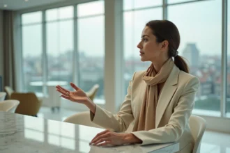 Femme élégante en tailleur crème dans un intérieur moderne