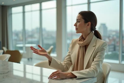 Femme élégante en tailleur crème dans un intérieur moderne