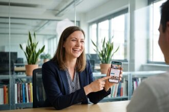 Femme souriante avec smartphone dans un bureau moderne