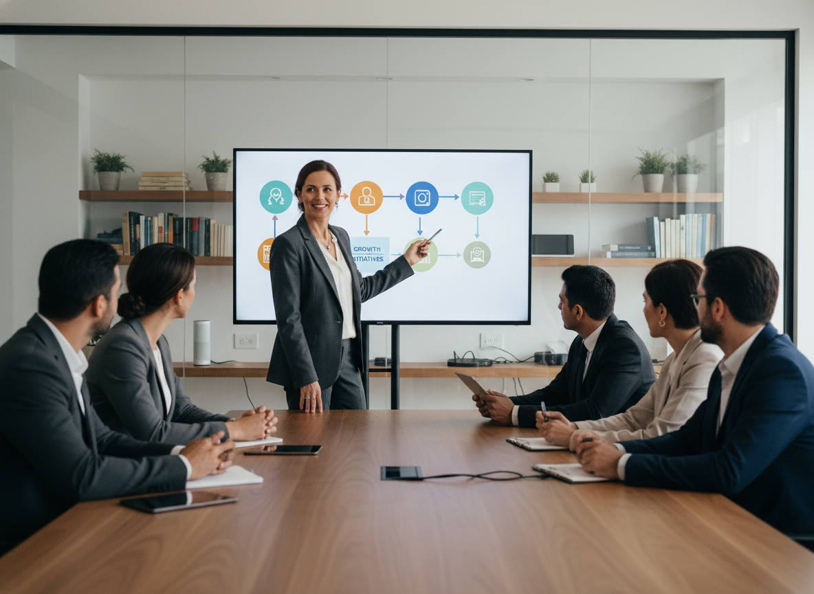 Femme en réunion pointant un plan stratégique