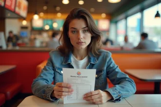 Femme tenant un ticket de caisse Burger King avec l'URL du sondage BKVousEcoute imprimée dessus