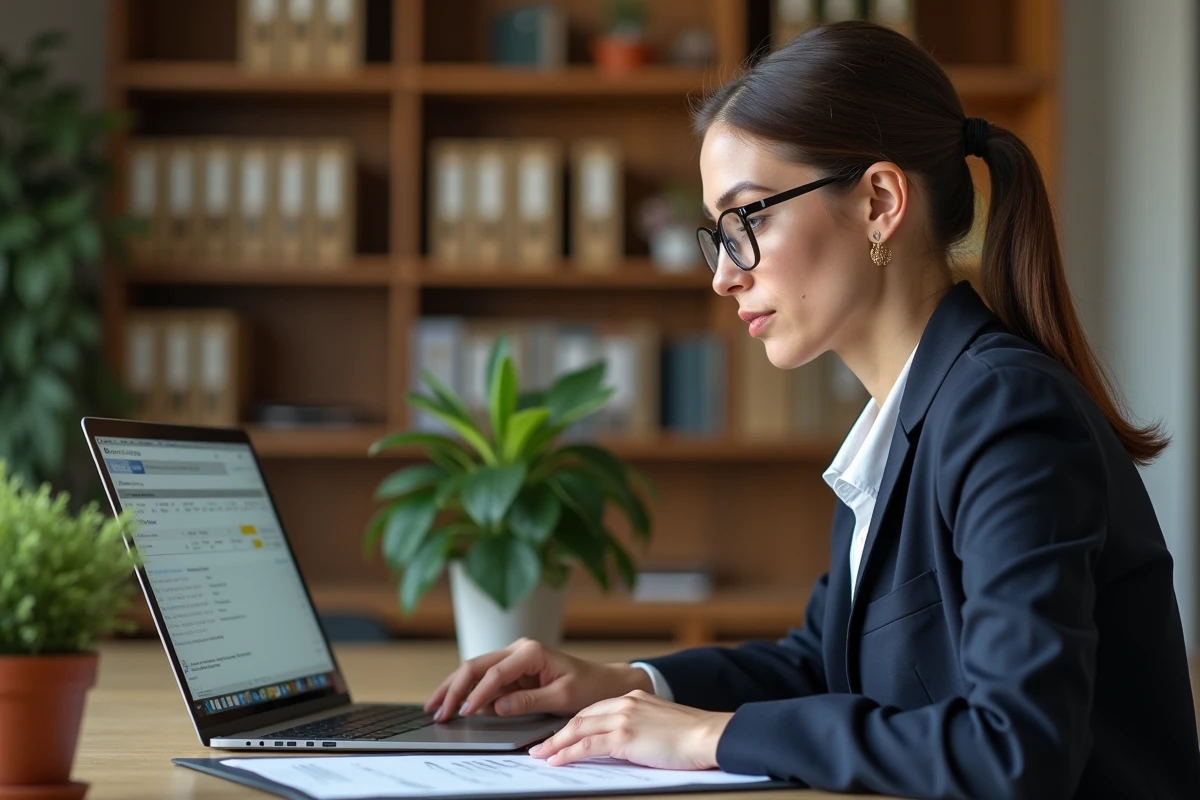 Jeune femme au bureau à domicile consultat des fiches de paie