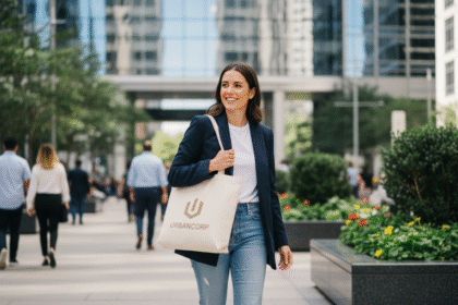 Jeune femme urbaine avec sac personnalisé dans la ville