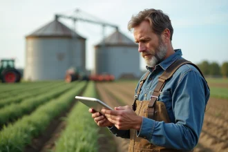 Fermeur utilisant une tablette dans un paysage rural français