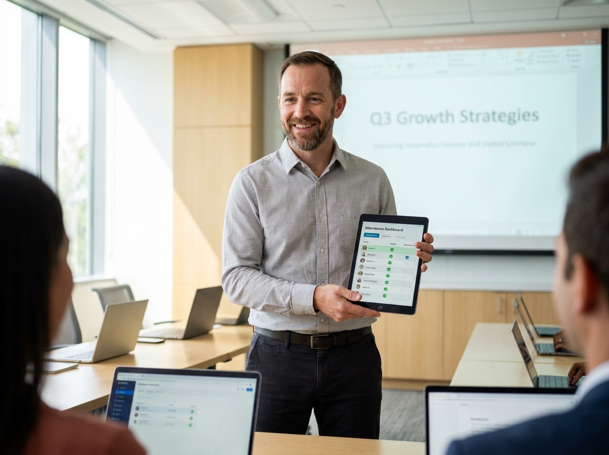 Formateur tenant une tablette avec un tableau de bord d'émargement numérique devant une salle de formation avec participants