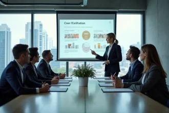 Séance de formation professionnelle en entreprise sur la détection des marquages CE China Export douteux, avec une formatrice présentant des certifications à des employés attentifs