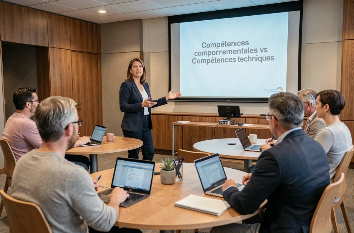 Formatrice animant un séminaire sur les soft skills et la promotion professionnelle dans une salle de formation contemporaine