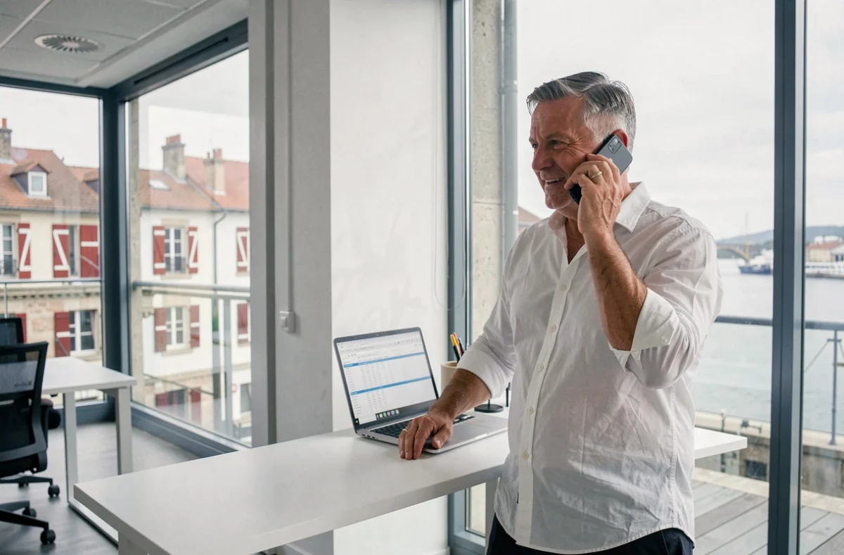 Freelance en portage salarial travaillant au téléphone dans un bureau moderne à Bayonne avec vue sur la ville