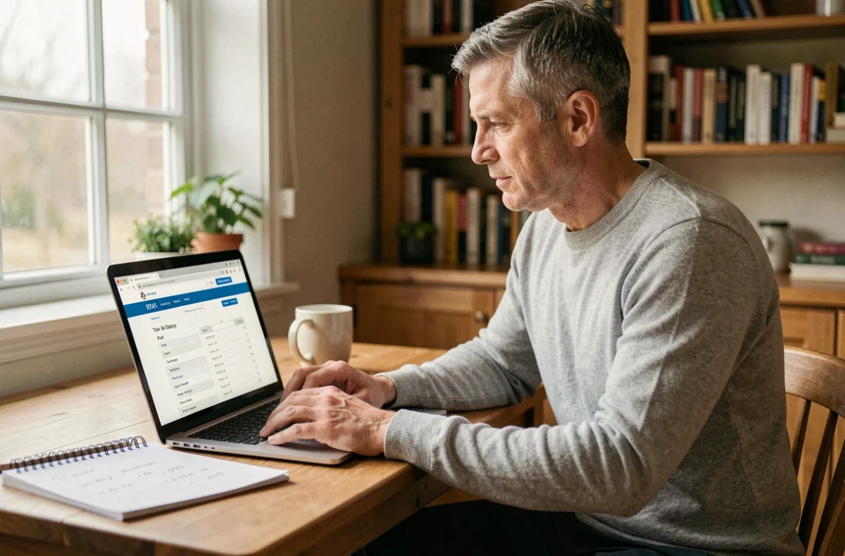 Freelance en portage salarial simulant son salaire brut net charges sur ordinateur portable depuis son bureau à domicile