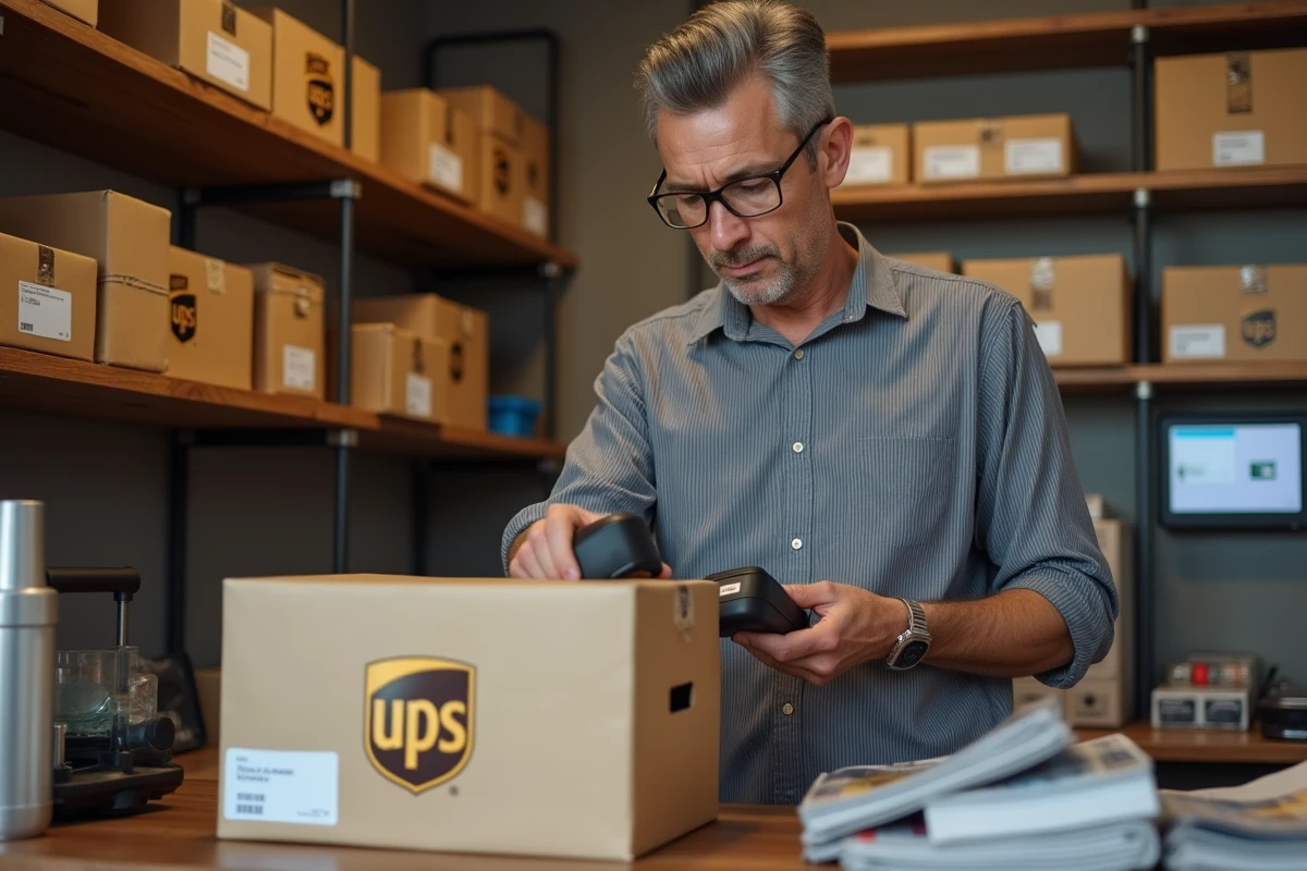 Gérant d'un point relais UPS scannant des colis sécurisés stockés dans une arrière-boutique