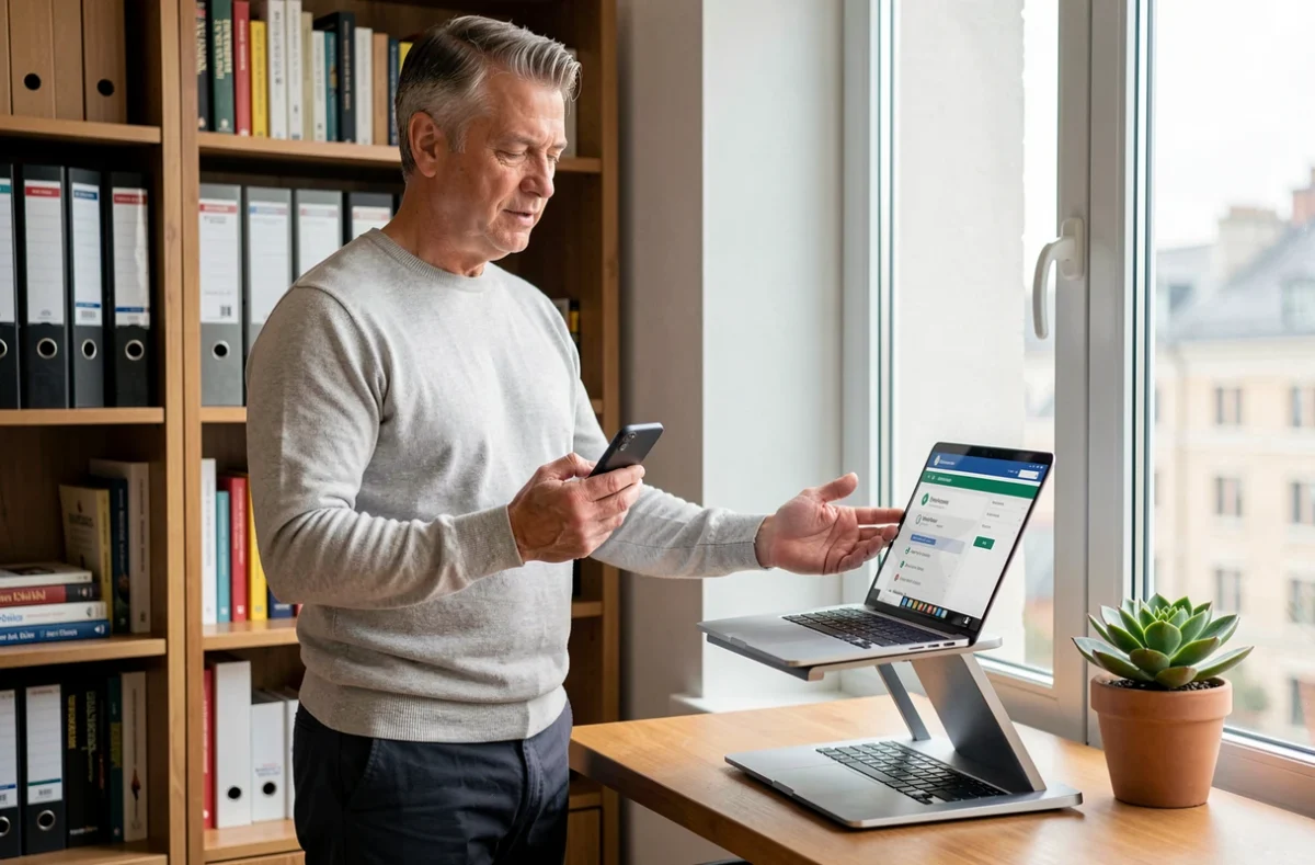 Chef d'entreprise gérant la délégation d'accès aux formalités administratives depuis son bureau à domicile sur smartphone
