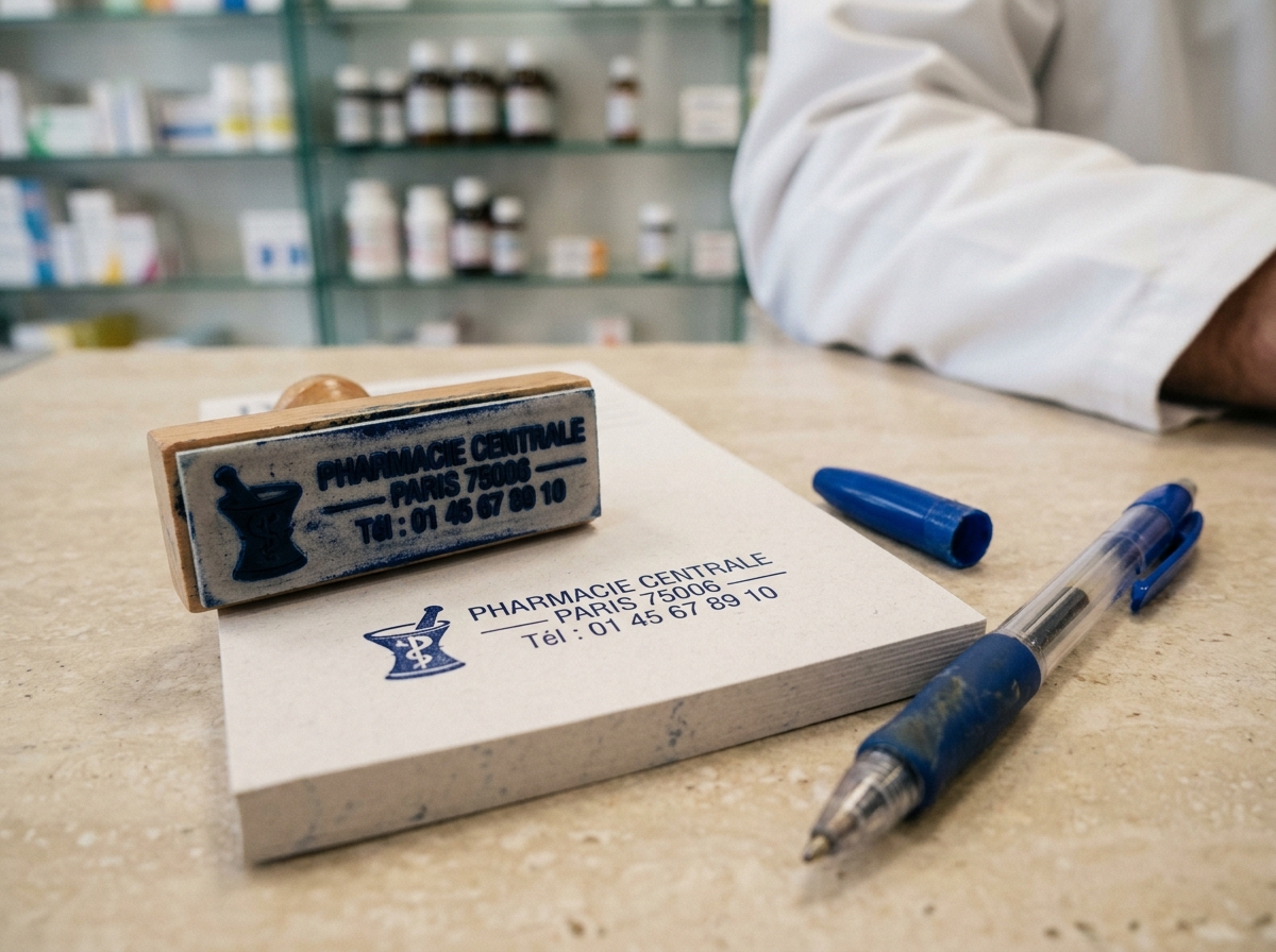 Gros plan d'un tampon encreur personnalisé pour pharmacie posé sur une ordonnance à l'officine
