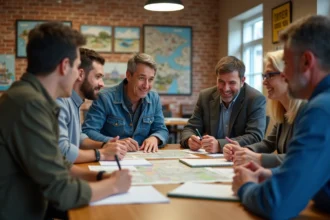 Groupe de commerçants locaux en discussion communautaire