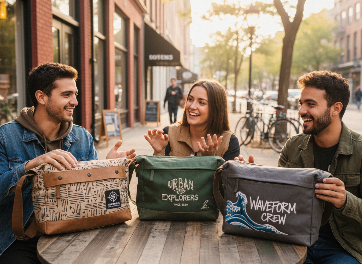 Groupe de jeunes avec sacs de marque autour d un café