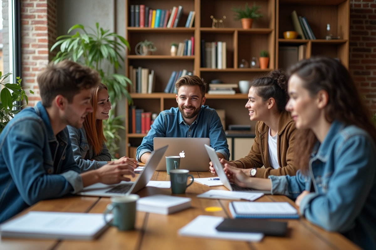 Groupe diversifié de jeunes collaborant dans un coworking