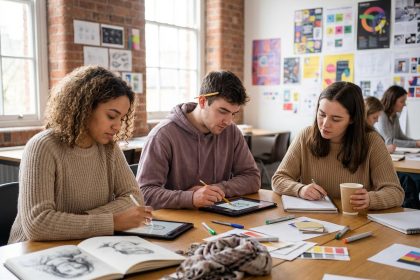 Groupe d'étudiants en design dans un atelier créatif