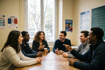 Groupe de jeunes adultes discutant en anglais dans une salle de classe à Montpellier