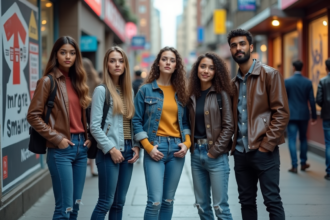 Groupe de jeunes adultes devant une affiche de sensibilisation urbaine