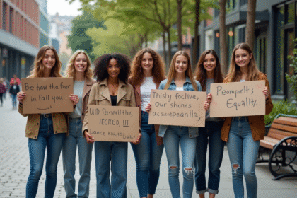 Jeunes adultes avec pancartes pour l'égalité en ville