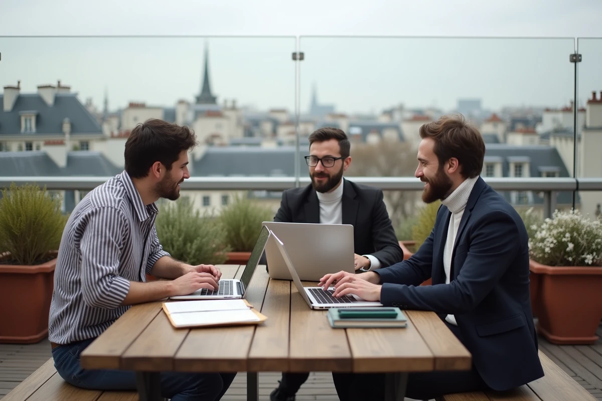 Groupe de professionnels nomades collaborant sur une terrasse de coworking en toiture à Paris, vue panoramique sur les toits parisiens