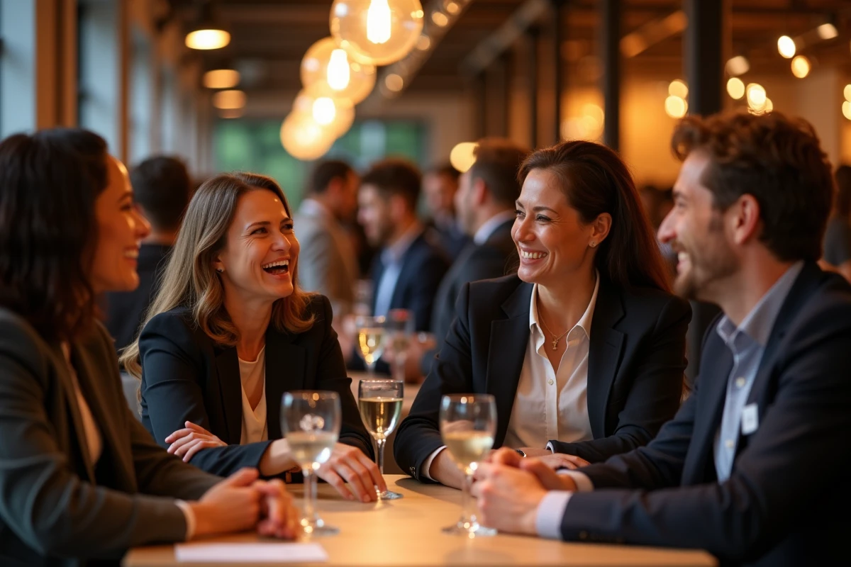Groupe de professionnels B2B en discussion animée lors d'un cocktail de networking dans un lieu événementiel moderne