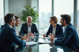 Groupe de professionnels en réunion dans un bureau moderne