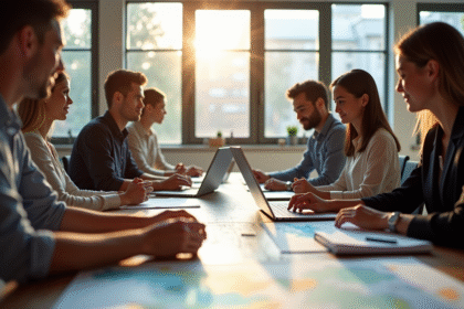 Groupe de jeunes professionnels dans un bureau moderne autour d'une table