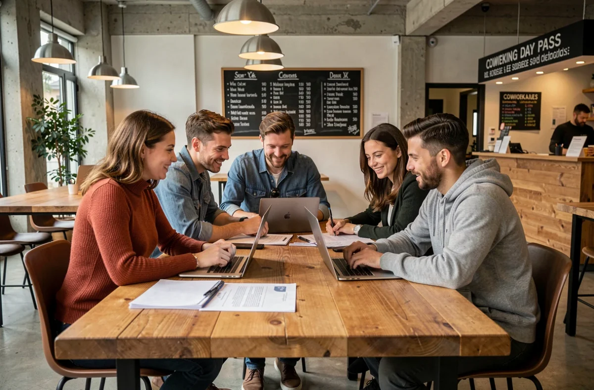 Groupe de professionnels travaillant ensemble dans un espace de coworking avec tarifs affichés