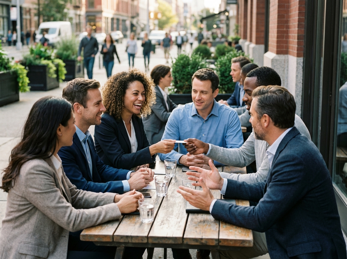 Groupe de professionnels discutant autour d un café en extérieur