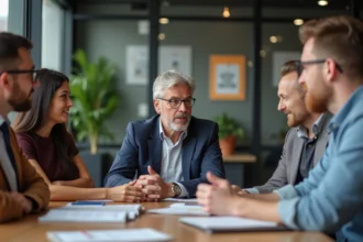 Groupe diversifié en réunion de travail en entreprise
