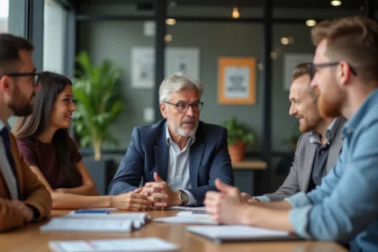 Groupe diversifié en réunion de travail en entreprise
