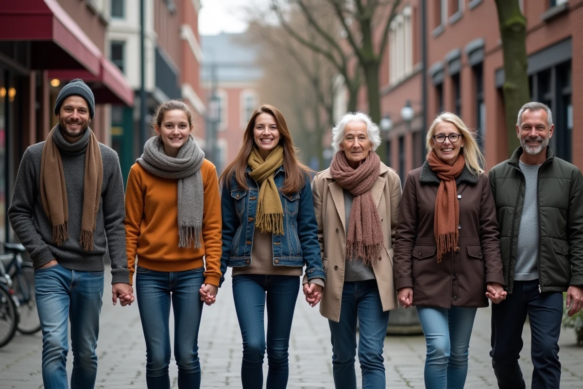Groupe intergénérationnel main dans la main dans la rue