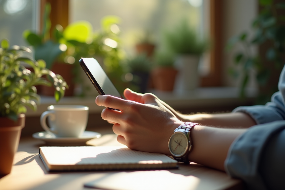 Personne dans un bureau maison tenant un smartphone